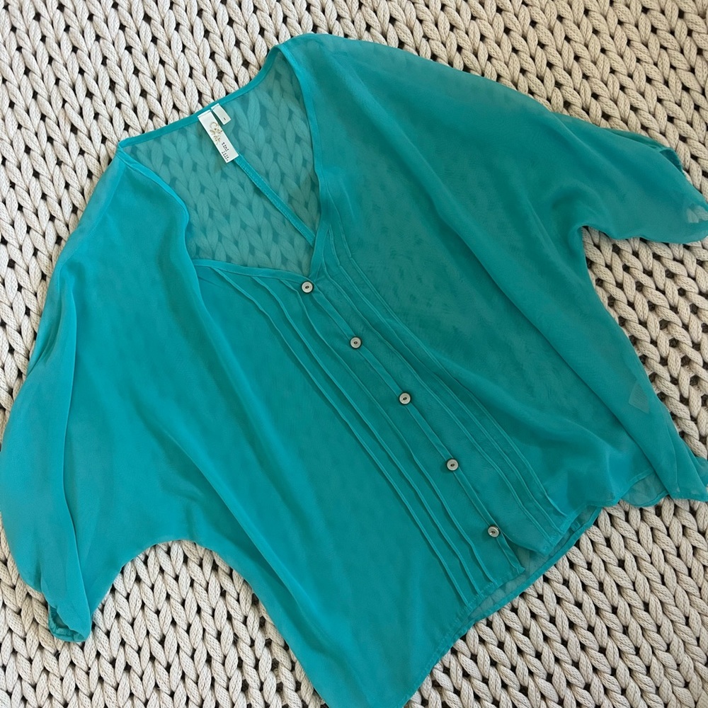 Teal large Tini Lili shear blouse with buttons